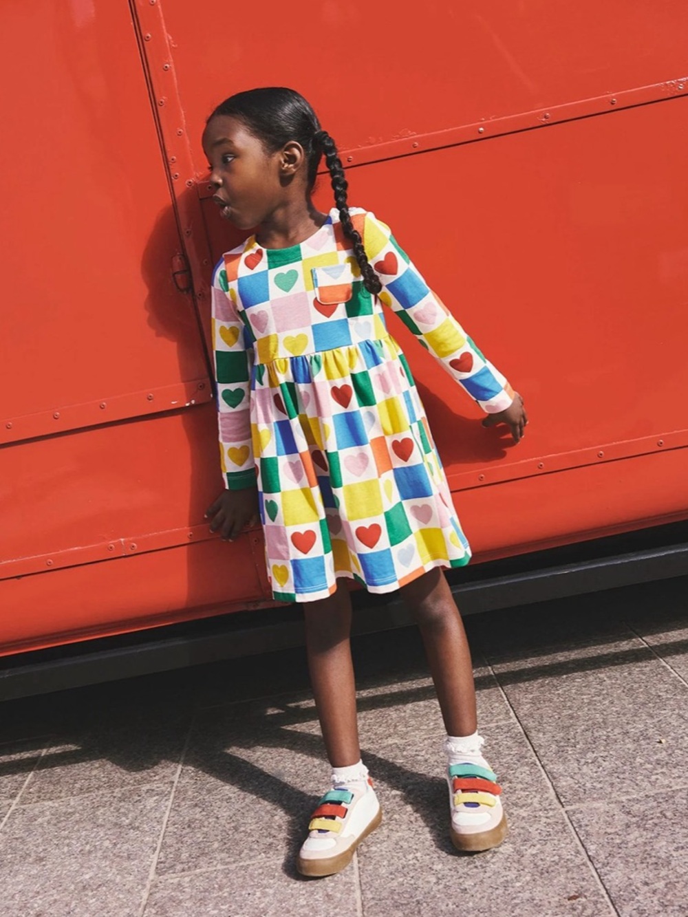 Mini Boden Heart Checkerboard Long-Sleeve Dress Primary Colors Multi Girls 9-10